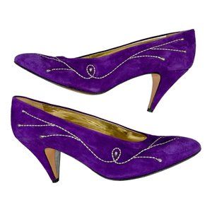 Vintage 1980s Valdini Purple Suede Pumps Silver Embroidery Size 7.5 Italian